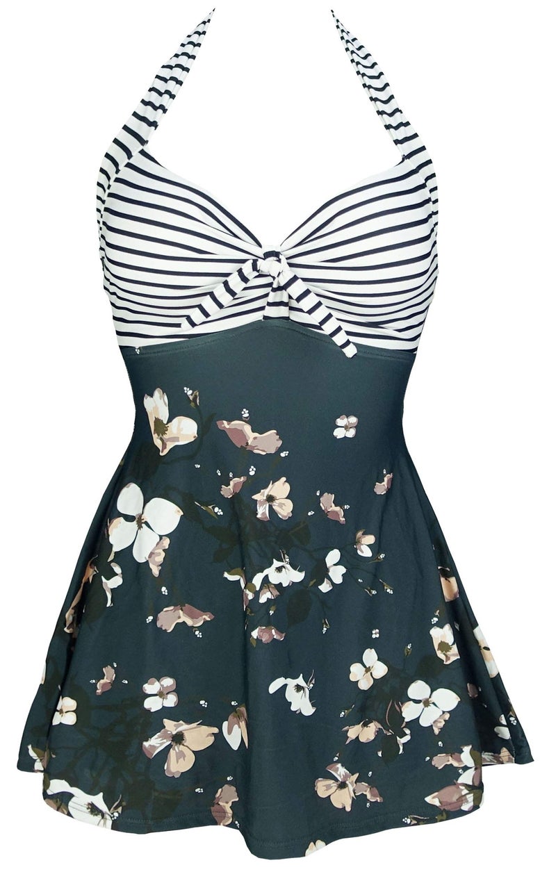 COCOSHIP Black White Striped & Bloom Floral Sailor Swimsuit Retro One Piece Skirtini Cover Up Bathing Suit Swimdress XXL(US14) - Image 1